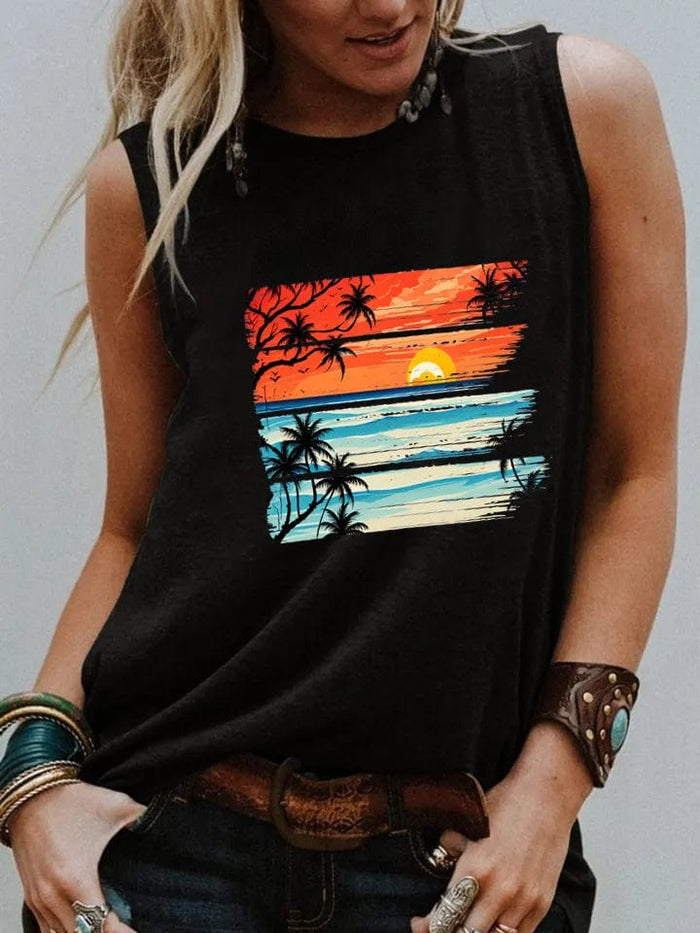 Boho Beach Hut Tank Top Black / S Tropical Sunset Vintage Tank