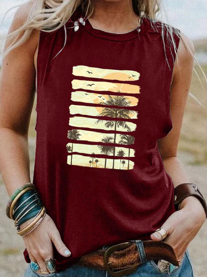 Boho Beach Hut Tank Top Burgundy / S Palm Tree Sunset Vintage Tank