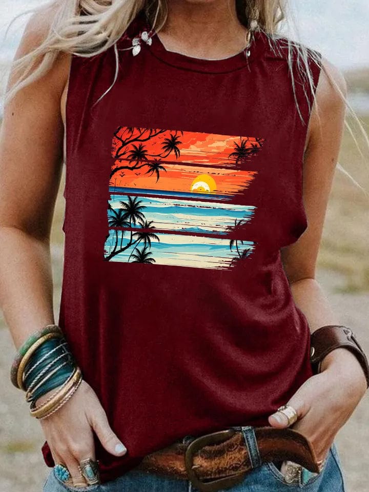 Boho Beach Hut Tank Top Burgundy / S Tropical Sunset Vintage Tank