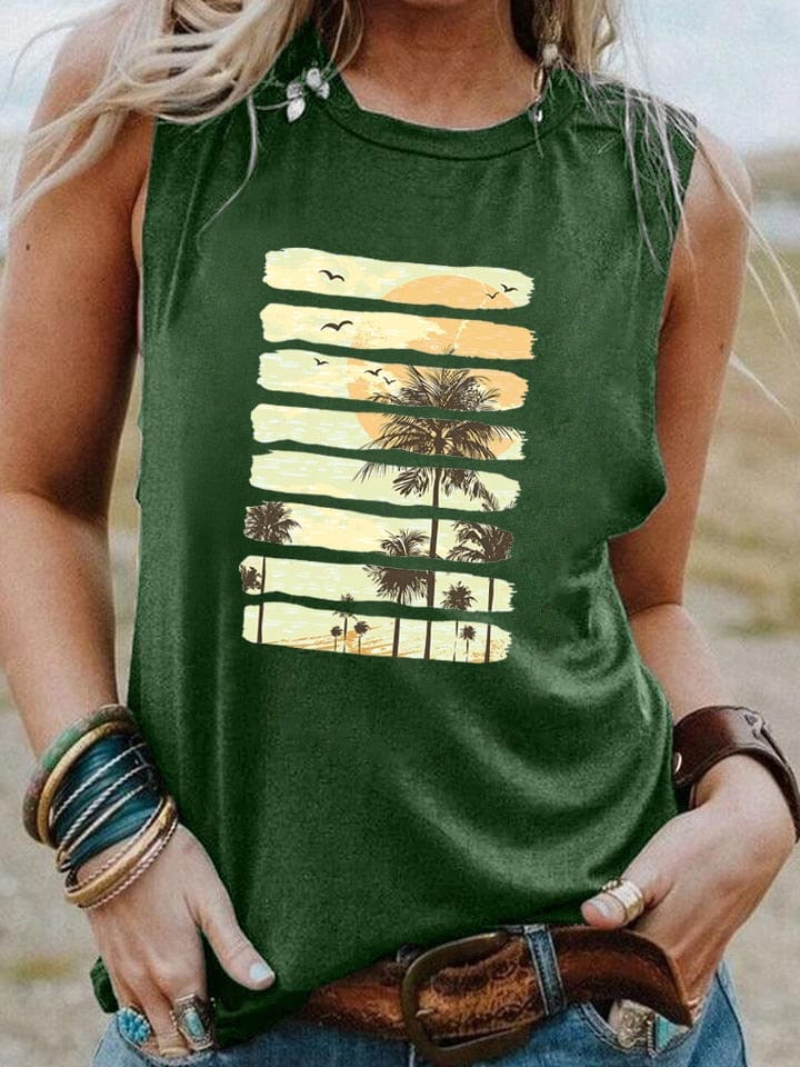 Boho Beach Hut Tank Top Green / S Palm Tree Sunset Vintage Tank