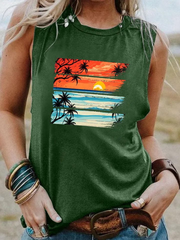 Boho Beach Hut Tank Top Green / S Tropical Sunset Vintage Tank