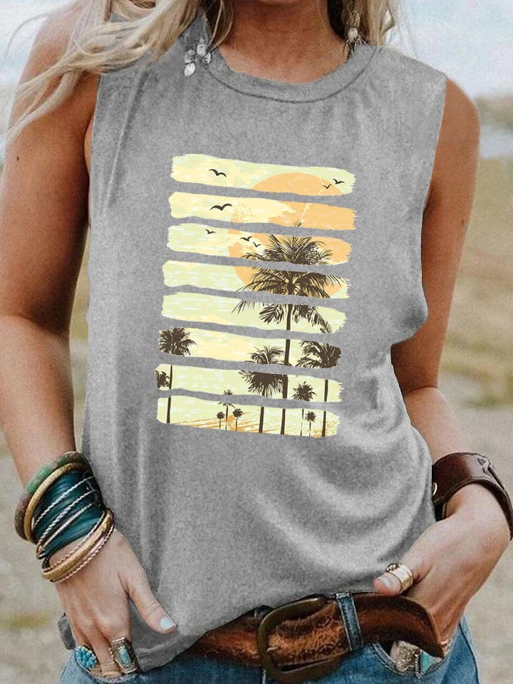 Boho Beach Hut Tank Top Light Gray / S Palm Tree Sunset Vintage Tank