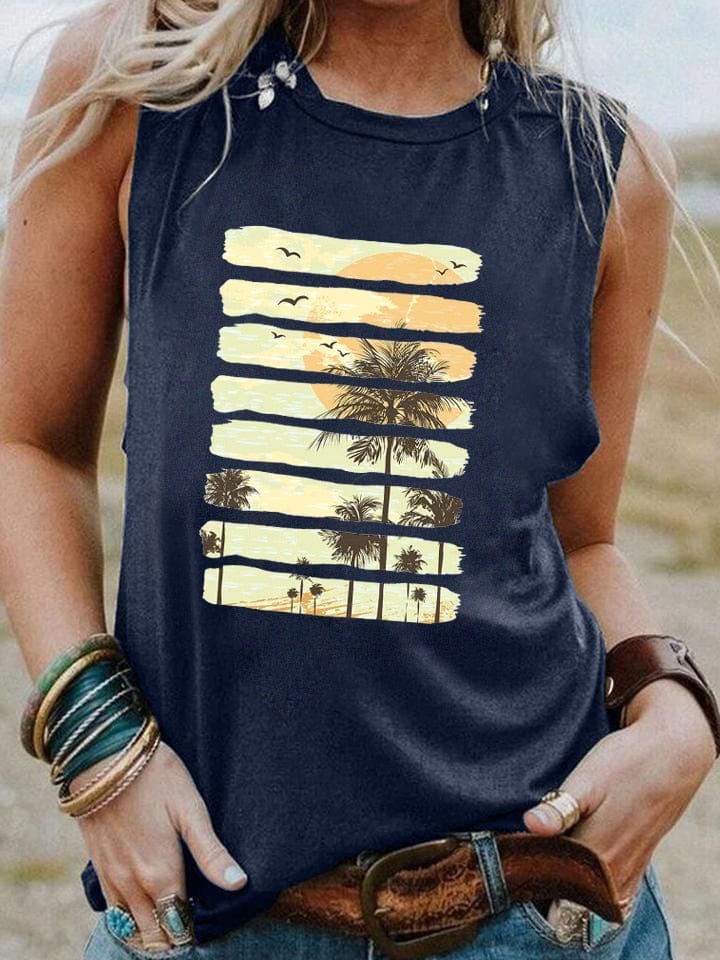 Boho Beach Hut Tank Top Navy Blue / S Palm Tree Sunset Vintage Tank