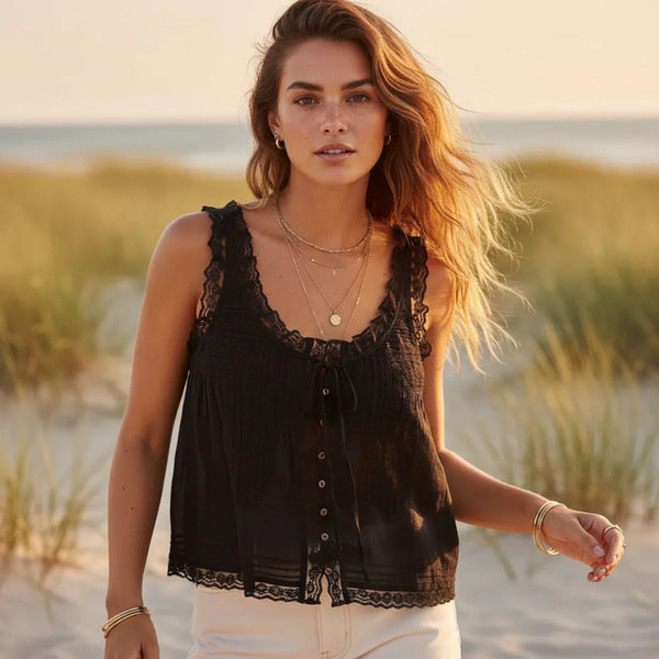 Boho Beach Hut Tank Top, Sleeveless Shirt Boho Lace Tank Top Black / S