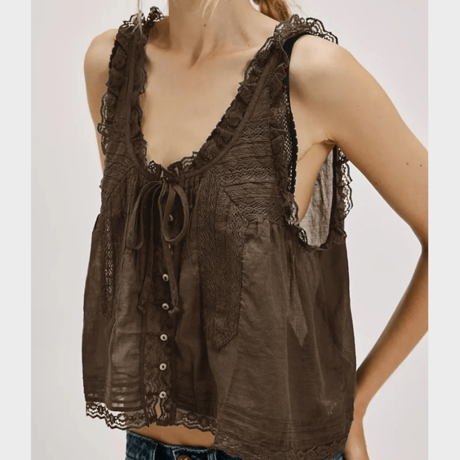 Boho Beach Hut Tank Top, Sleeveless Shirt Boho Lace Tank Top Brown / S
