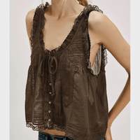Boho Beach Hut Tank Top, Sleeveless Shirt Boho Lace Tank Top Brown / S