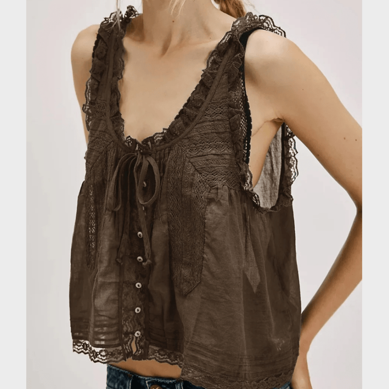 Boho Beach Hut Tank Top, Sleeveless Shirt Boho Lace Tank Top Brown / S