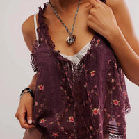 Boho Beach Hut Tank Top, Sleeveless Shirt Boho Lace Tank Top Burgundy Floral / S