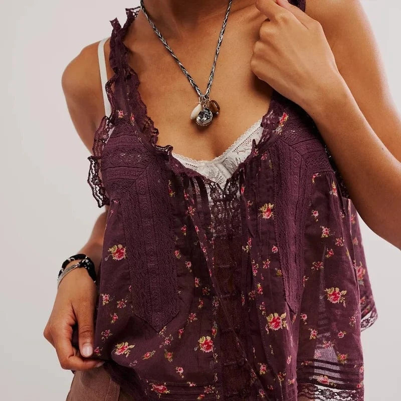 Boho Beach Hut Tank Top, Sleeveless Shirt Boho Lace Tank Top Burgundy Floral / S