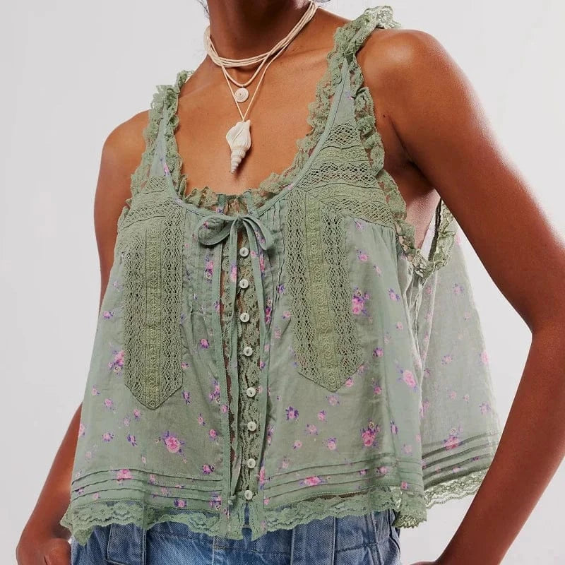Boho Beach Hut Tank Top, Sleeveless Shirt Boho Lace Tank Top Green Floral / S