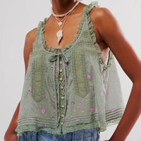 Boho Beach Hut Tank Top, Sleeveless Shirt Boho Lace Tank Top Green Floral / S