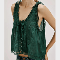 Boho Beach Hut Tank Top, Sleeveless Shirt Boho Lace Tank Top Green / S
