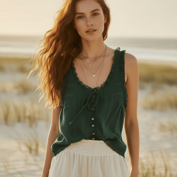 Boho Beach Hut Tank Top, Sleeveless Shirt Boho Lace Tank Top Green / S