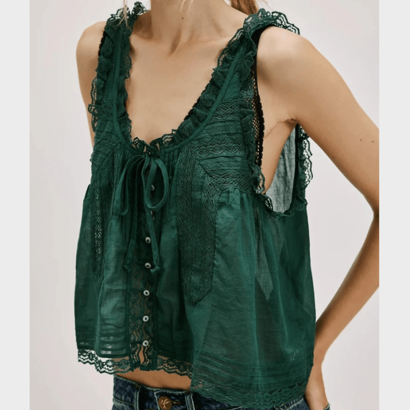 Boho Beach Hut Tank Top, Sleeveless Shirt Boho Lace Tank Top Green / S
