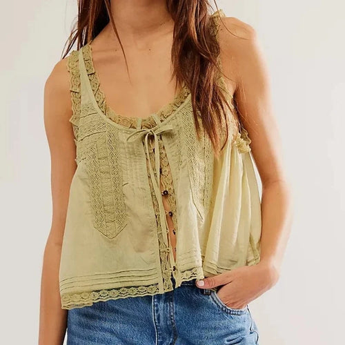 Boho Beach Hut Tank Top, Sleeveless Shirt Boho Lace Tank Top Olive Green / S