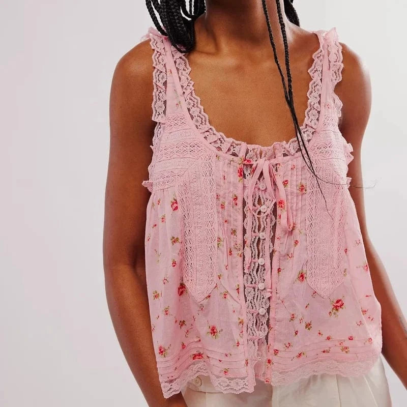 Boho Beach Hut Tank Top, Sleeveless Shirt Boho Lace Tank Top Pink Floral / S