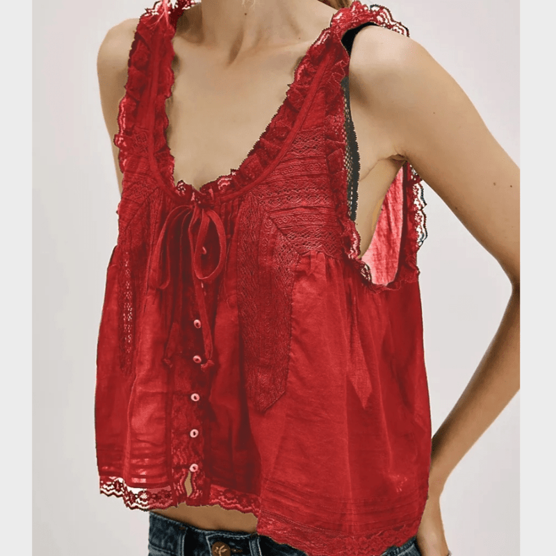 Boho Beach Hut Tank Top, Sleeveless Shirt Boho Lace Tank Top Red / S
