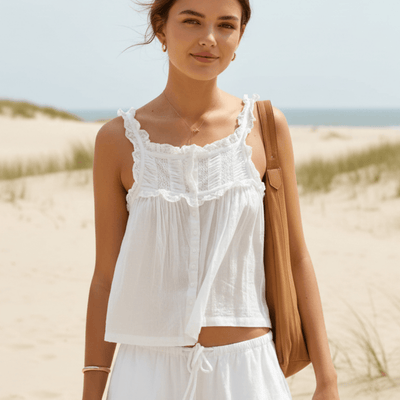 Boho Beach Hut Tank Top, Sleeveless Shirt, Crop Top Boho Lace Ruffle Trim Crop Tank Top Off White / S