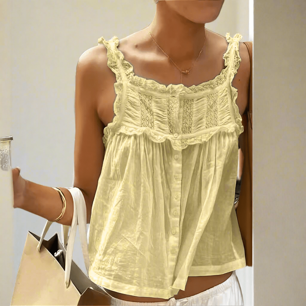 Boho Beach Hut Tank Top, Sleeveless Shirt, Crop Top Boho Lace Ruffle Trim Crop Tank Top Yellow / S