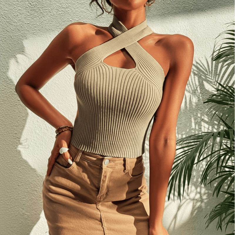 Boho Beach Hut Tank Top, Sleeveless Shirt, Crop Top Criss Cross Halter Ribbed Crop Top Beige / S
