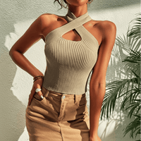 Boho Beach Hut Tank Top, Sleeveless Shirt, Crop Top Criss Cross Halter Ribbed Crop Top Beige / S