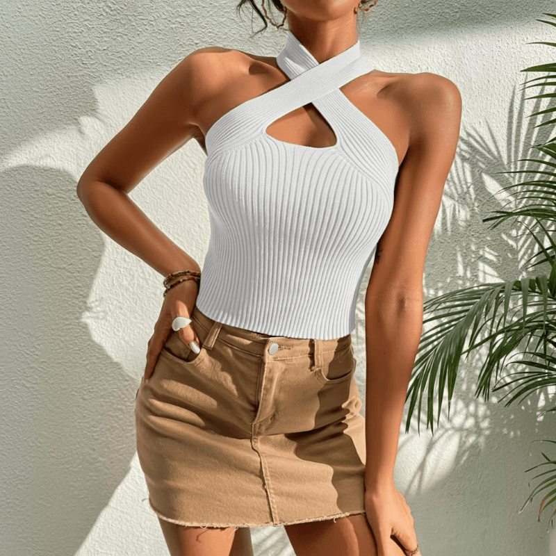 Boho Beach Hut Tank Top, Sleeveless Shirt, Crop Top Criss Cross Halter Ribbed Crop Top White / S