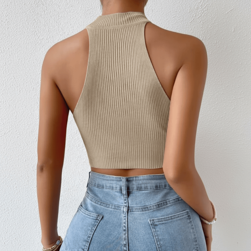Boho Beach Hut Tank Top, Sleeveless Shirt, Crop Top High Neck Ribbed Halter Crop Top