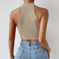 Boho Beach Hut Tank Top, Sleeveless Shirt, Crop Top High Neck Ribbed Halter Crop Top