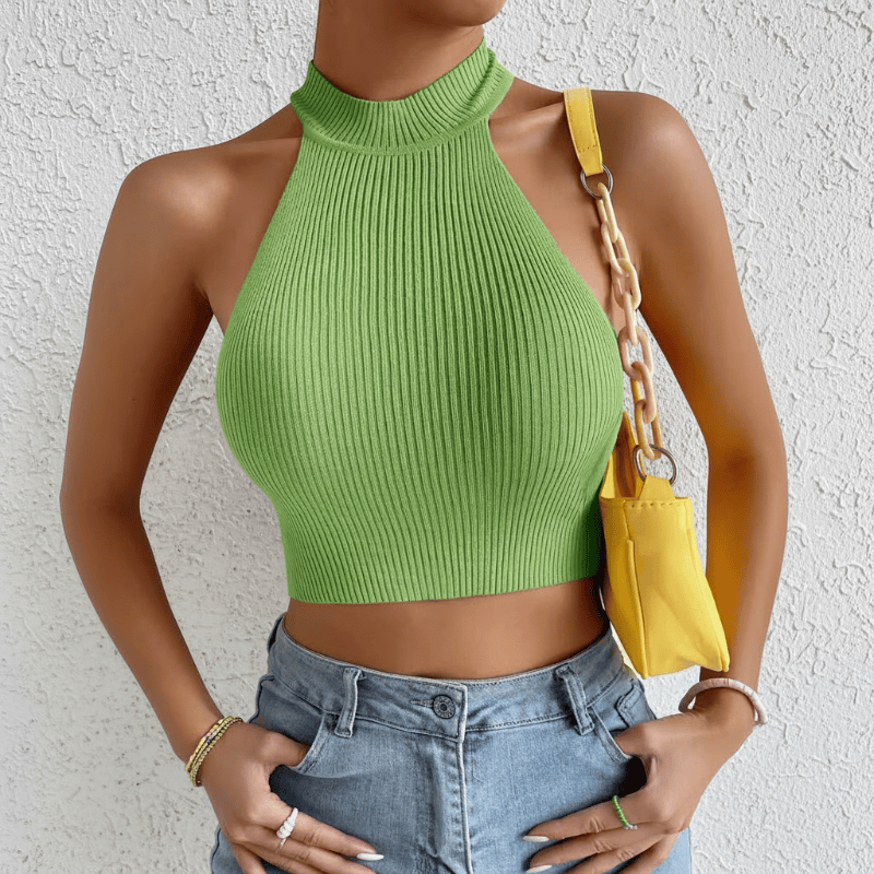 Boho Beach Hut Tank Top, Sleeveless Shirt, Crop Top High Neck Ribbed Halter Crop Top Green / S