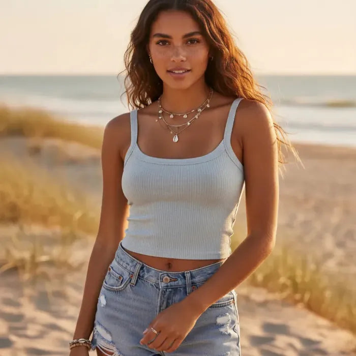 Boho Beach Hut Tank Top, Sleeveless Shirt, Crop Top Ribbed Backless Crop Tank Top Gray / S