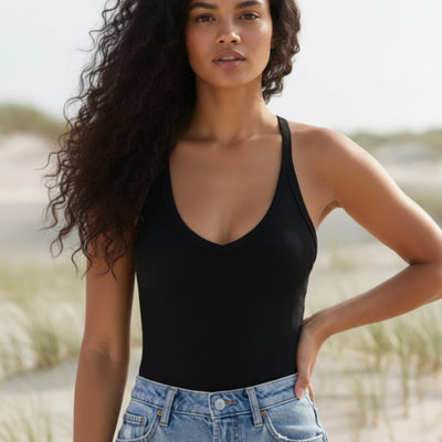 Boho Beach Hut Tank Top, Sleeveless Shirt, Crop Top Ribbed V-Neck Racerback Tank Top Black / S