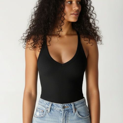 Boho Beach Hut Tank Top, Sleeveless Shirt, Crop Top Ribbed V-Neck Racerback Tank Top Black / S