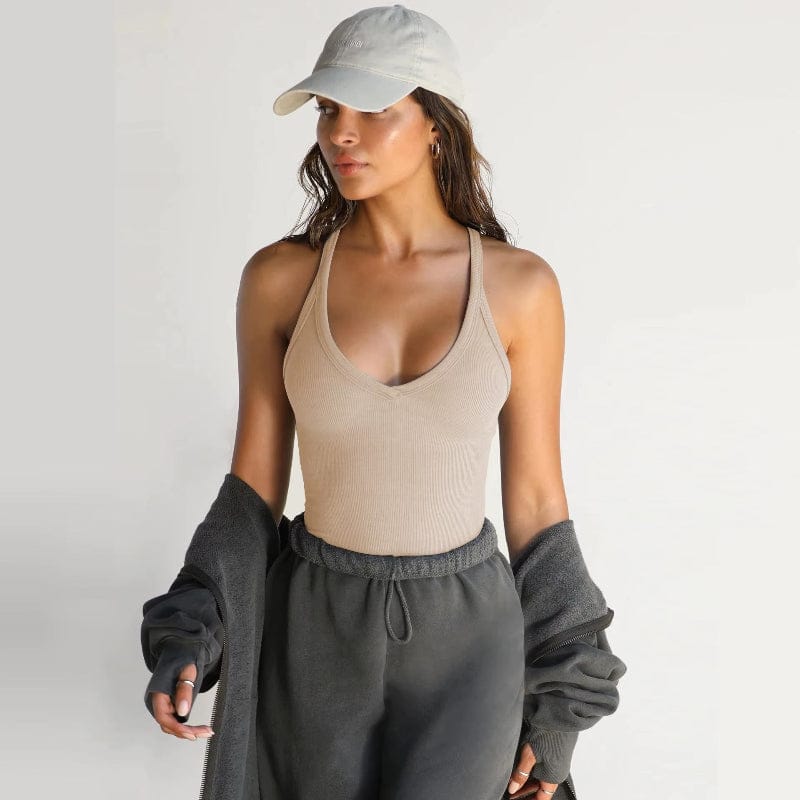 Boho Beach Hut Tank Top, Sleeveless Shirt, Crop Top Ribbed V-Neck Racerback Tank Top Khaki / S