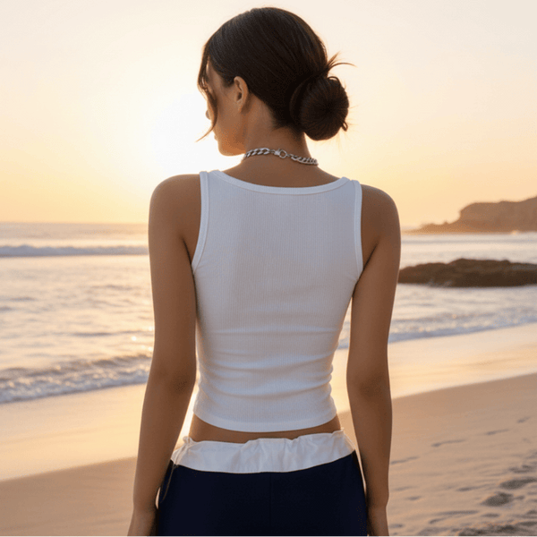 Boho Beach Hut Tank Top, Sleeveless Shirt, Crop Top Square Neck Ribbed Crop Tank