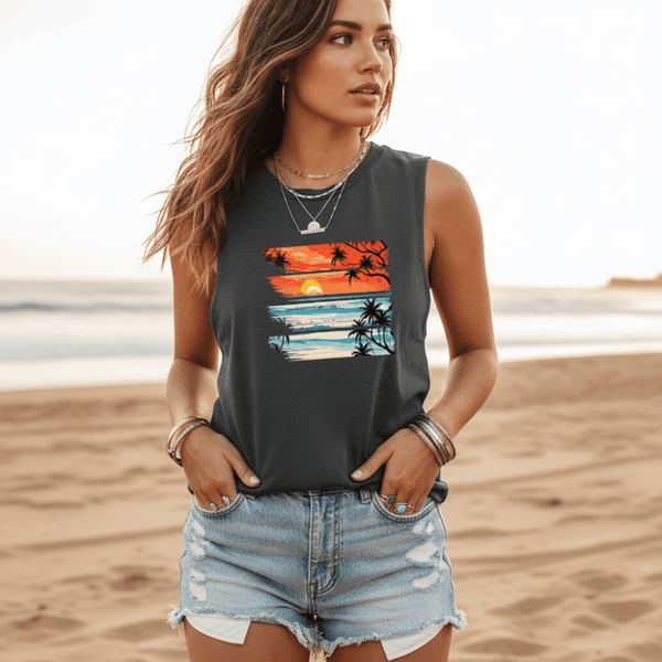 Boho Beach Hut Tank Top, Sleeveless Shirt, Graphic Tank Tropical Sunset Vintage Tank Gray / S