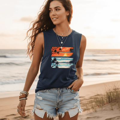 Boho Beach Hut Tank Top, Sleeveless Shirt, Graphic Tank Tropical Sunset Vintage Tank Navy Blue / S