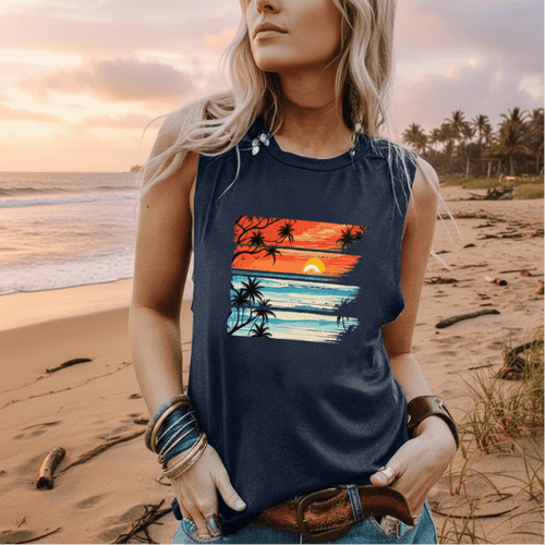 Boho Beach Hut Tank Top, Sleeveless Shirt, Graphic Tank Tropical Sunset Vintage Tank Navy Blue / S