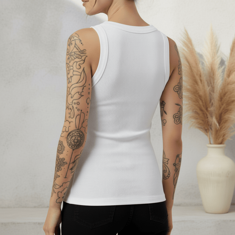 Boho Beach Hut Tank Top, Sleeveless Shirt Solid Ribbed High Neck Tank Top