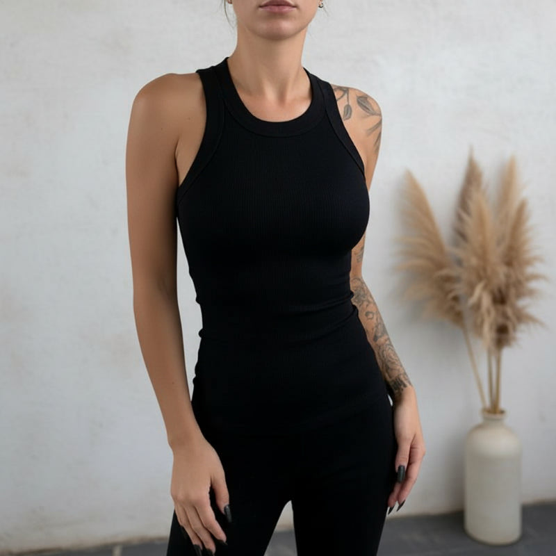 Boho Beach Hut Tank Top, Sleeveless Shirt Solid Ribbed High Neck Tank Top Black / S