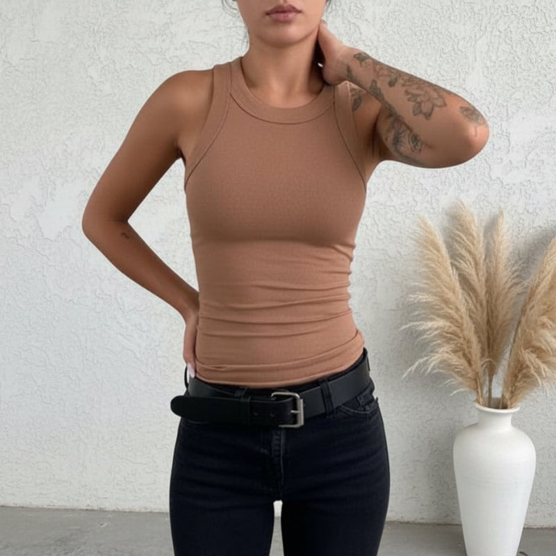 Boho Beach Hut Tank Top, Sleeveless Shirt Solid Ribbed High Neck Tank Top Brown / S