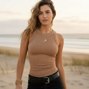 Boho Beach Hut Tank Top, Sleeveless Shirt Solid Ribbed High Neck Tank Top Brown / S