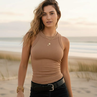 Boho Beach Hut Tank Top, Sleeveless Shirt Solid Ribbed High Neck Tank Top Brown / S