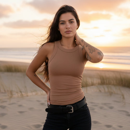 Boho Beach Hut Tank Top, Sleeveless Shirt Solid Ribbed High Neck Tank Top Brown / S