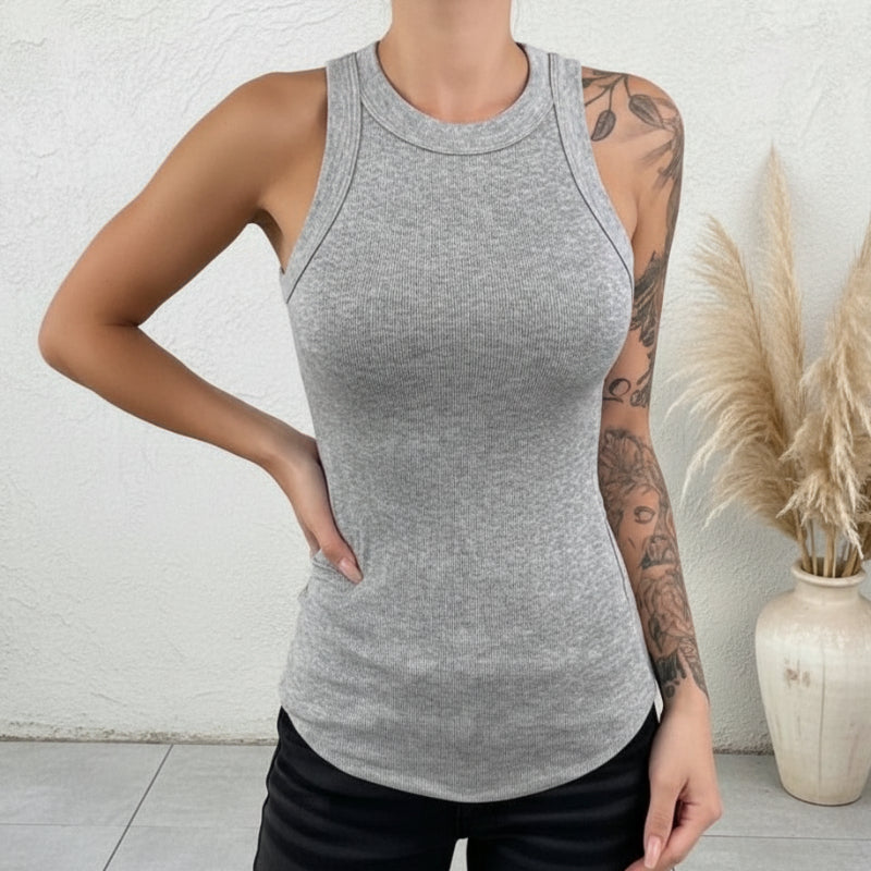 Boho Beach Hut Tank Top, Sleeveless Shirt Solid Ribbed High Neck Tank Top Gray / S