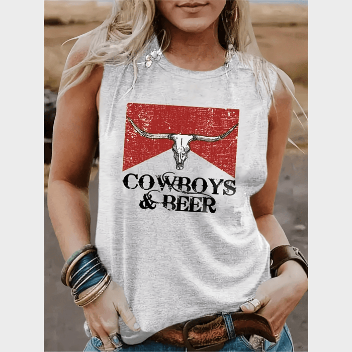 Boho Beach Hut Tank Tops, Plus Size, Sleeveless Shirt Boho Cowgirl “Cowboys & Beer” Graphic Tank Light Gray / M