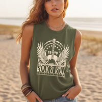 Boho Beach Hut Tank Tops, Plus Size, Sleeveless Shirt, Graphic Print Tank Top Rock & Roll Graphic Tank Top Army Green / S
