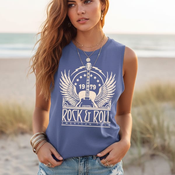Boho Beach Hut Tank Tops, Plus Size, Sleeveless Shirt, Graphic Print Tank Top Rock & Roll Graphic Tank Top Blue / S