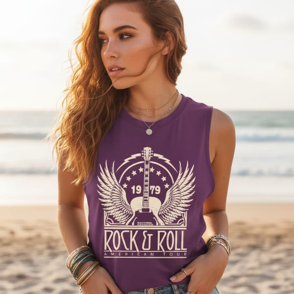 Boho Beach Hut Tank Tops, Plus Size, Sleeveless Shirt, Graphic Print Tank Top Rock & Roll Graphic Tank Top Purple / S