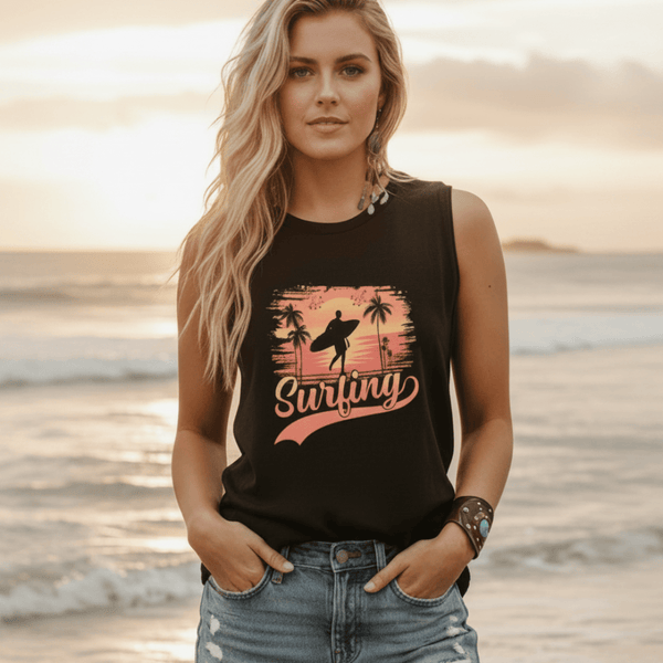Boho Beach Hut Tank Tops, Plus Size, Sleeveless Shirt, Graphic Print Tank Top Surfing Graphic Tank Top Black / S