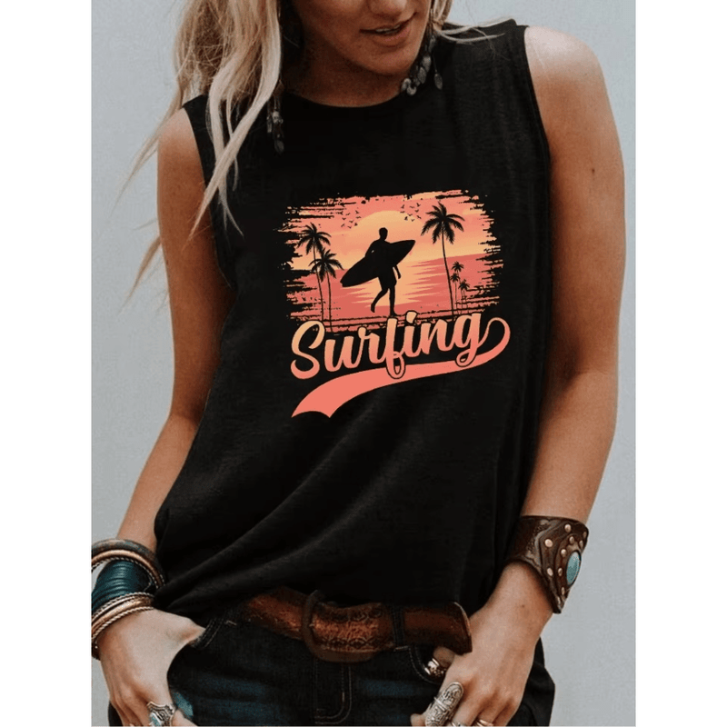 Boho Beach Hut Tank Tops, Plus Size, Sleeveless Shirt, Graphic Print Tank Top Surfing Graphic Tank Top Black / S